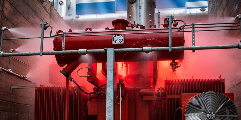 Impianto ad acqua nebulizzata in azione: nebbia Water Mist satura un ambiente industriale durante lo spegnimento